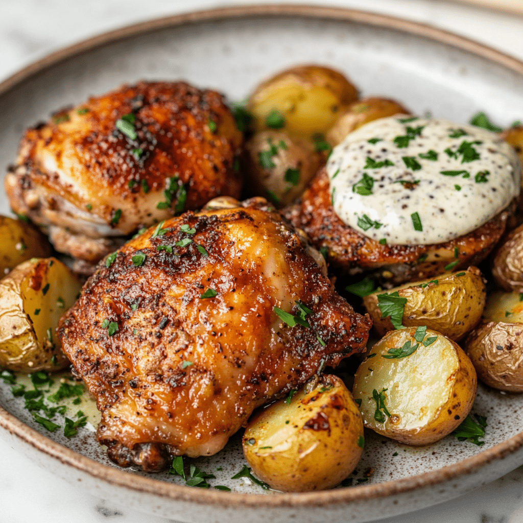 Roasted Mediterranean Chicken Thighs & Baby Potatoes