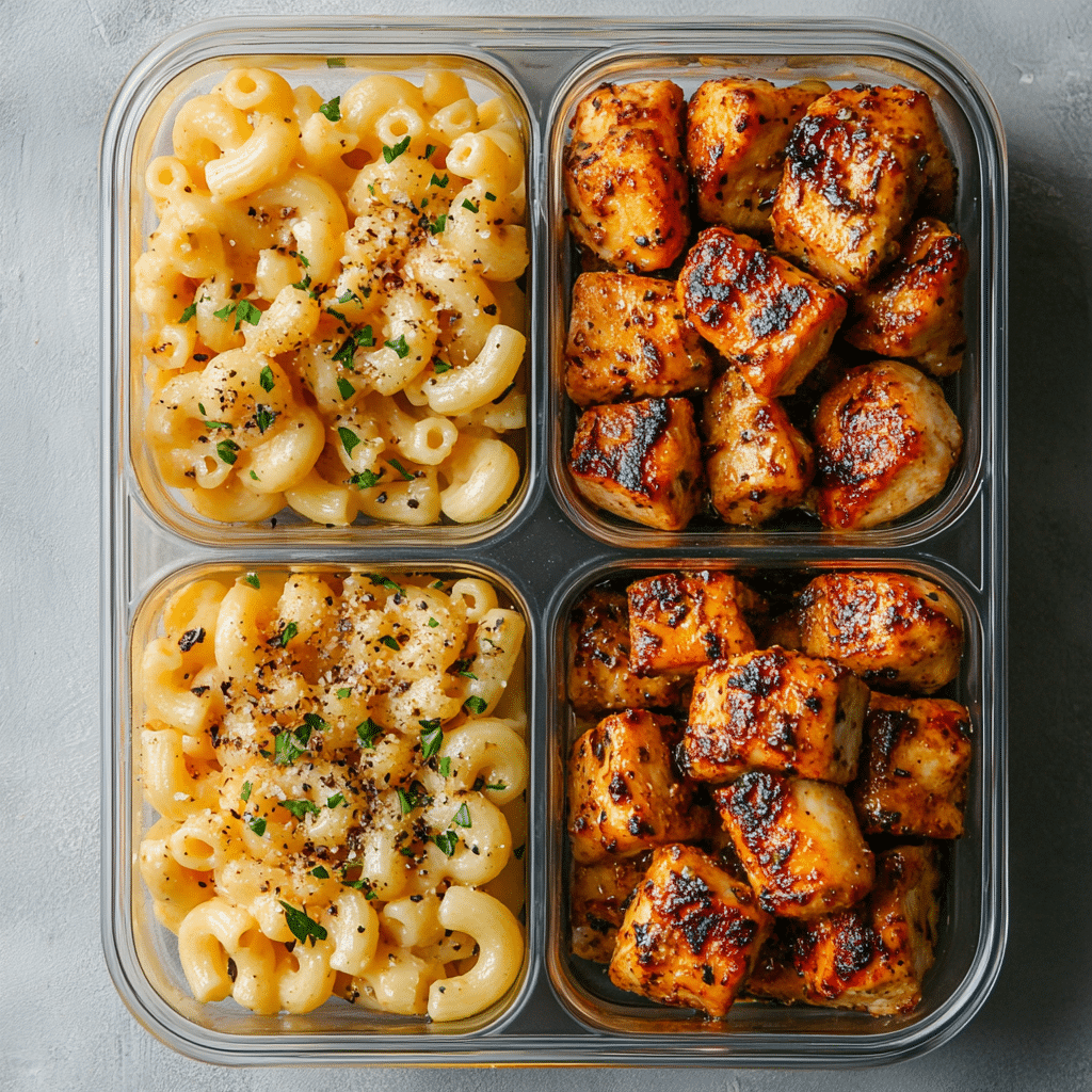 High Protein Honey Garlic Butter Chicken with Mac & Cheese