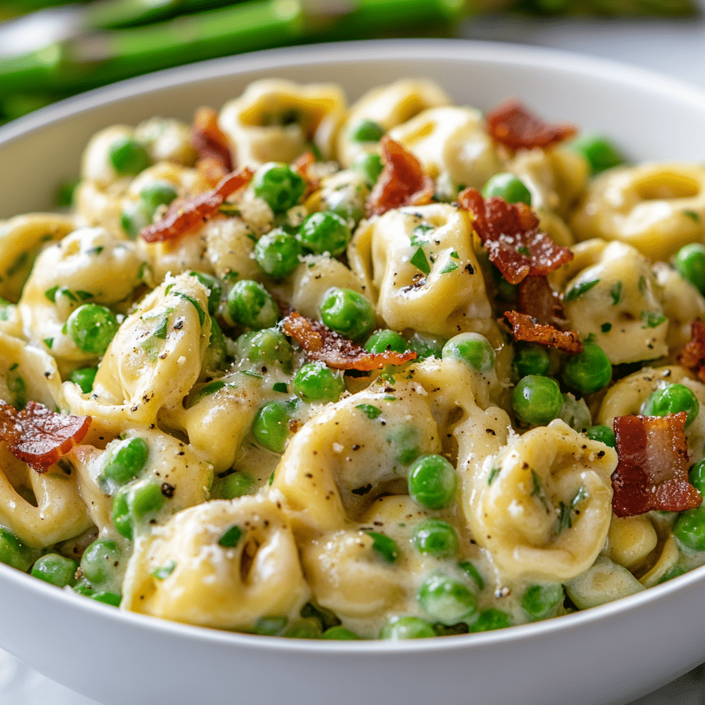 Creamy Tortellini with Peas, Asparagus, and Bacon