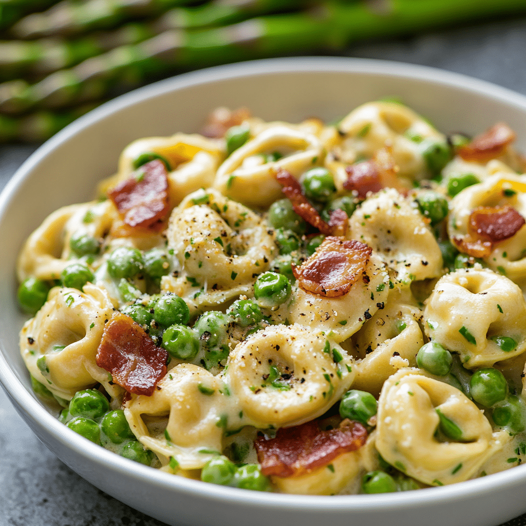 Creamy Tortellini with Peas, Asparagus, and Bacon