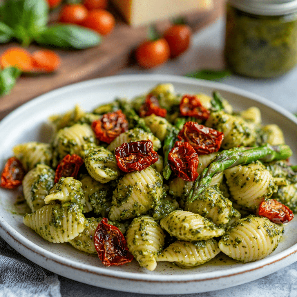 Pesto Pasta with Sun Dried Tomatoes and Roasted Asparagus