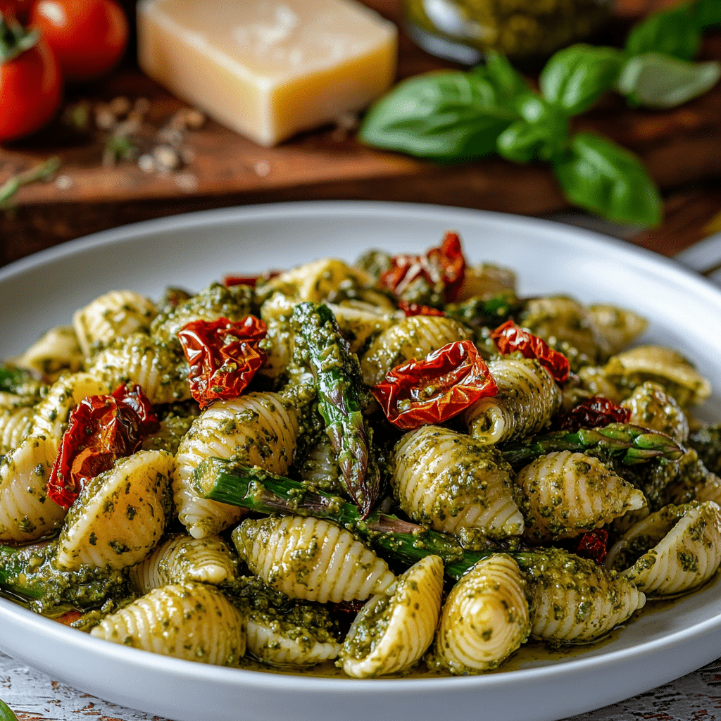 Pesto Pasta with Sun Dried Tomatoes and Roasted Asparagus