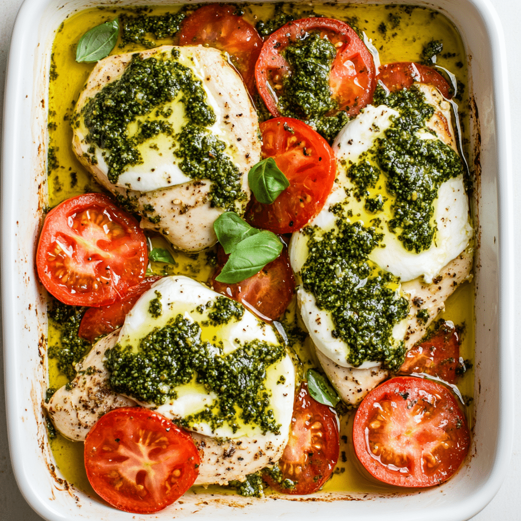 Basil Pesto Tomato Mozzarella Chicken Bake