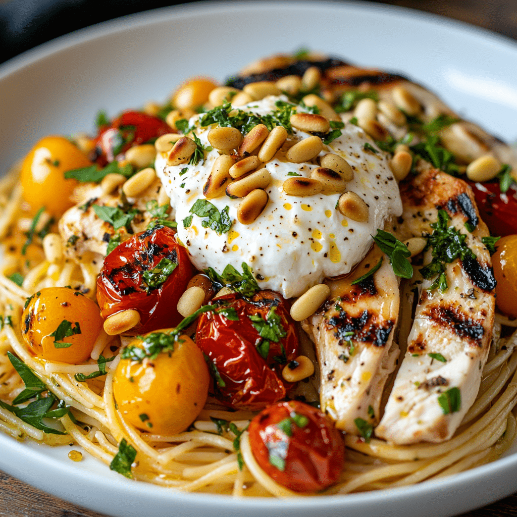 Chicken Spaghetti with Burrata and Lemon Butter Garlic Sauce
