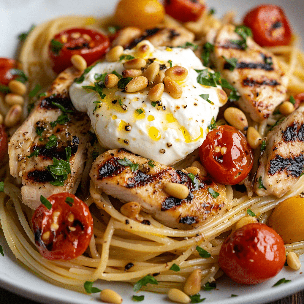Chicken Spaghetti with Burrata and Lemon Butter Garlic Sauce