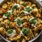 Roasted Cauliflower and Chickpea Pesto Pasta
