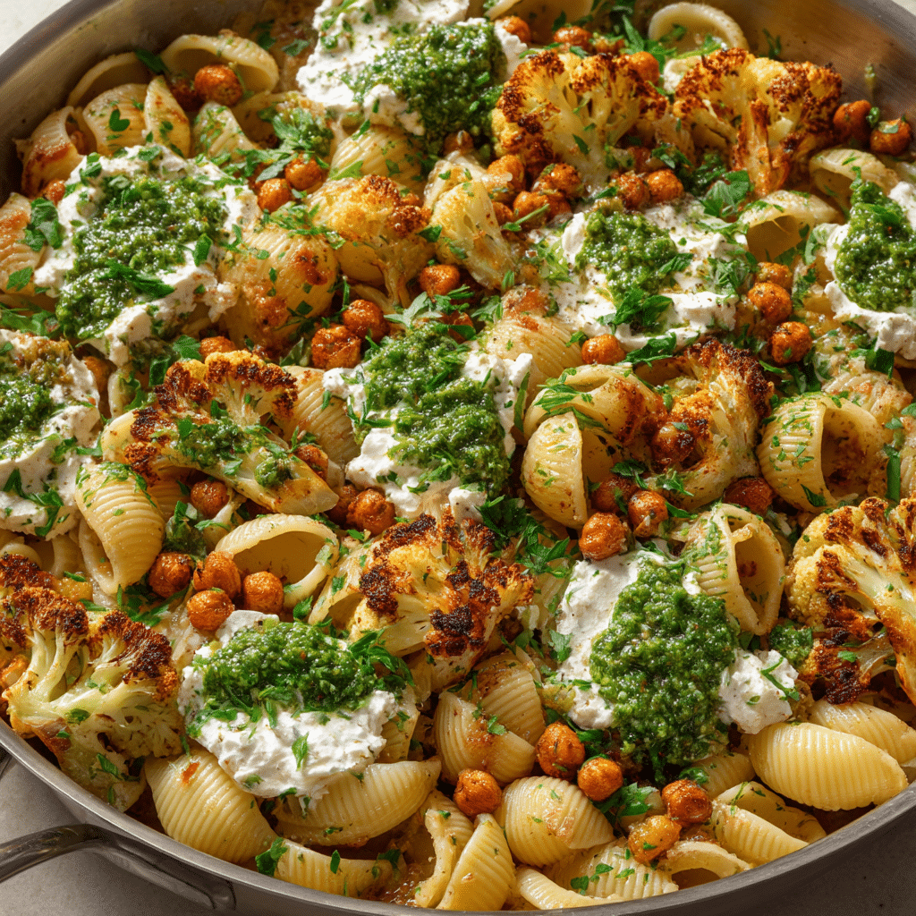 Roasted Cauliflower and Chickpea Pesto Pasta