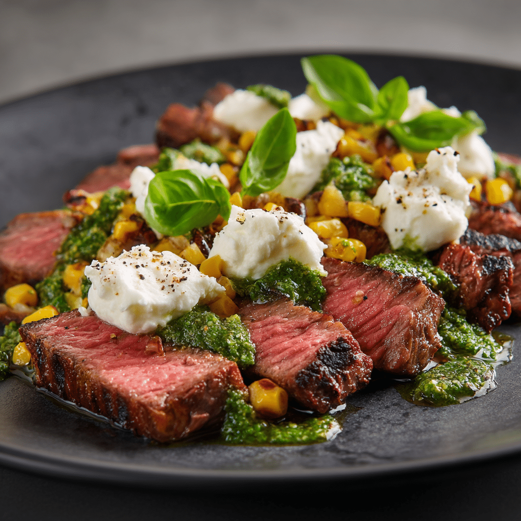 Pesto Steak (Grilled Flank Steak with Burrata & Pesto)