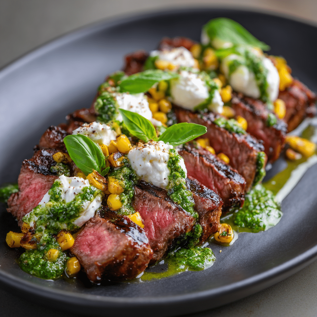 Pesto Steak (Grilled Flank Steak with Burrata & Pesto)