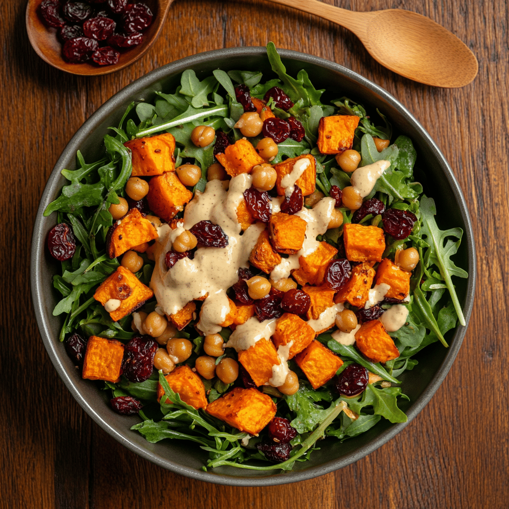 Roasted Sweet Potato and Chickpea Salad with Tahini Sauce