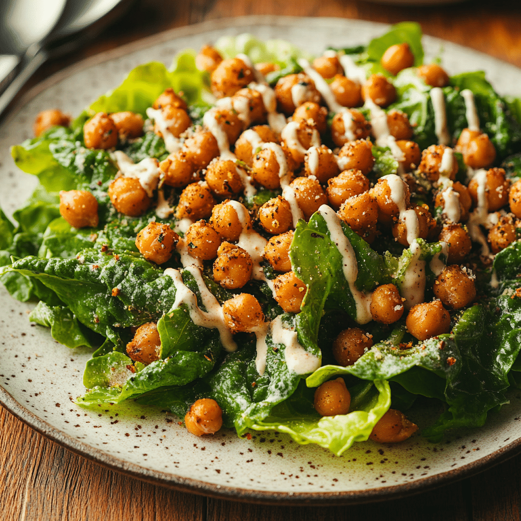 Creamy Vegan Caesar Salad with Roasted Chickpeas and Tahini Caesar Dressing