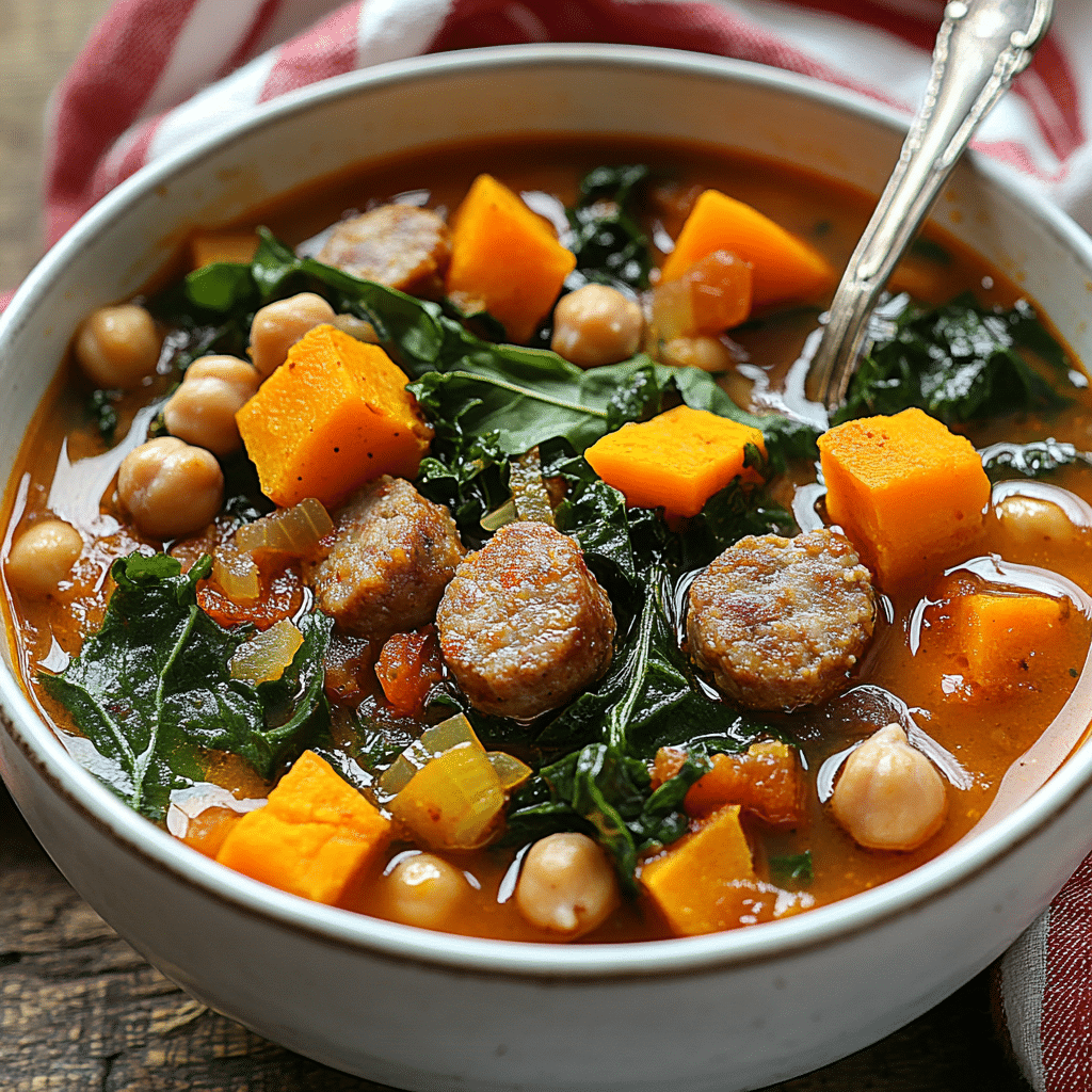 Smokey Sausage, Kale & Sweet Potato Soup