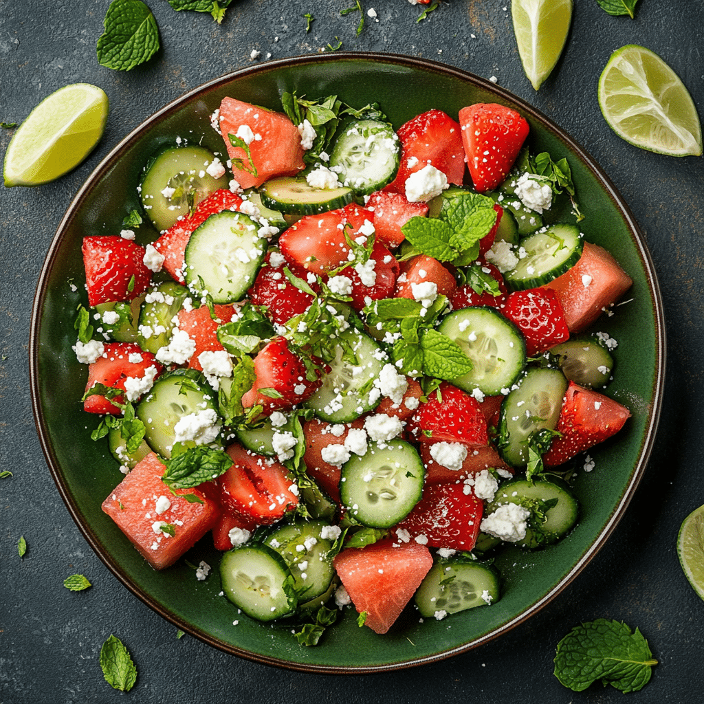 Watermelon Cucumber Salad with Strawberries and Feta