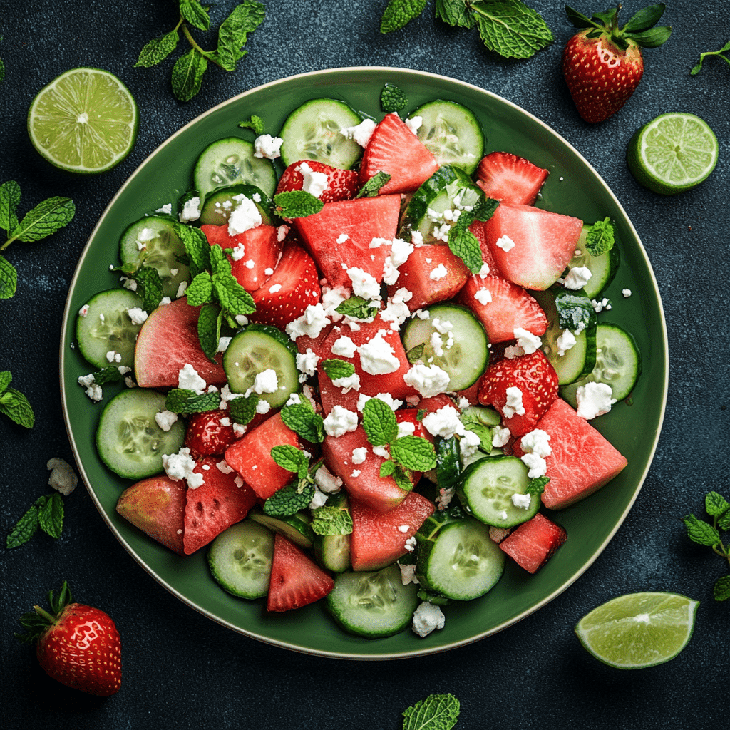 Watermelon Cucumber Salad with Strawberries and Feta