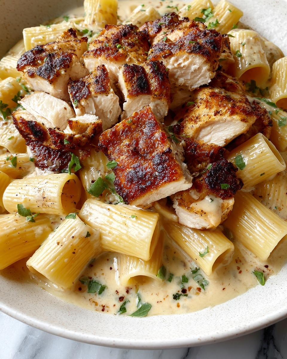 Creamy Garlic Butter Chicken and Rigatoni in Parmesan Sauce Recipe - Recipe Image