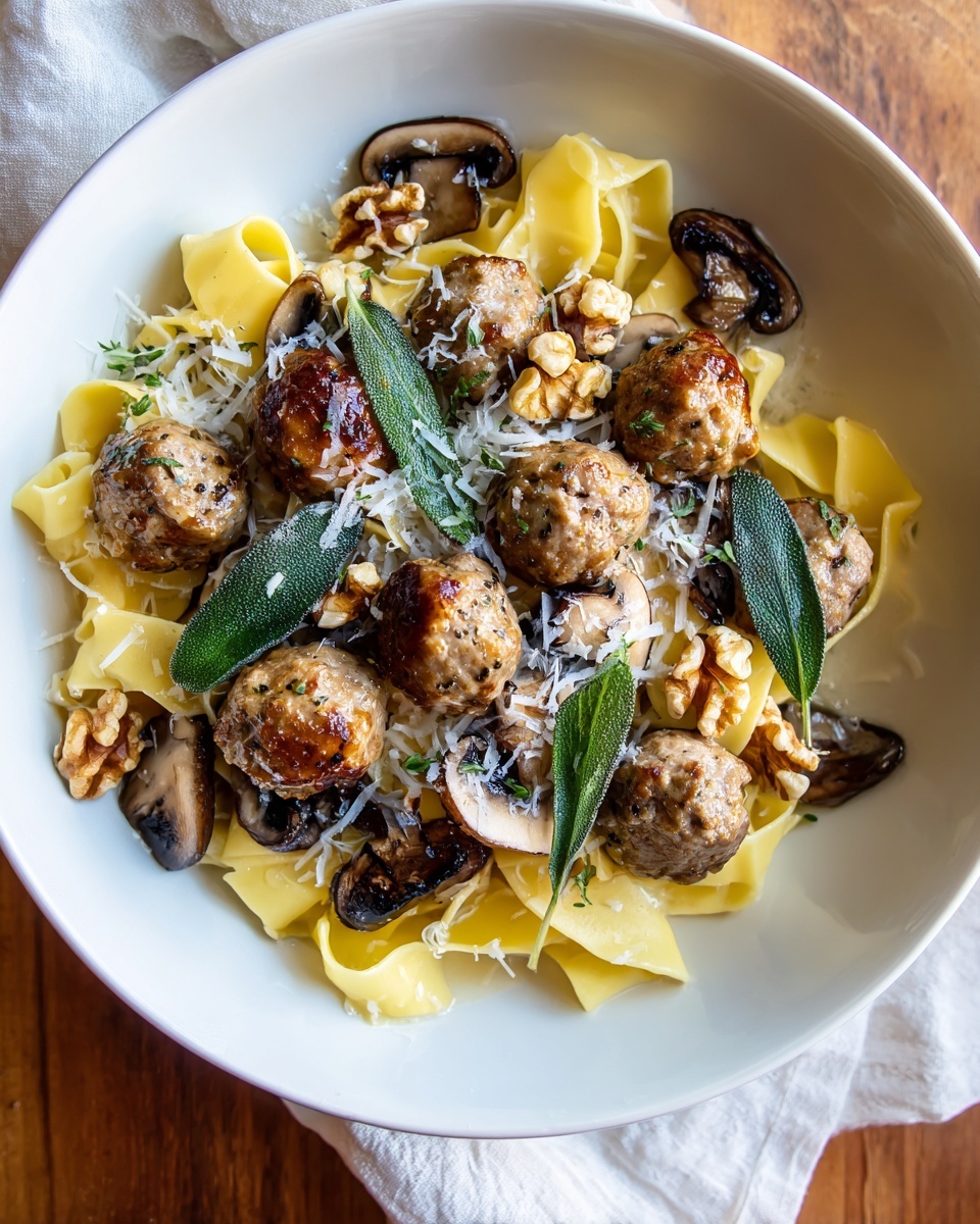 Winter Pasta with Mushrooms, Sausage Meatballs, Walnuts & Crispy Sage Recipe - Recipe Image