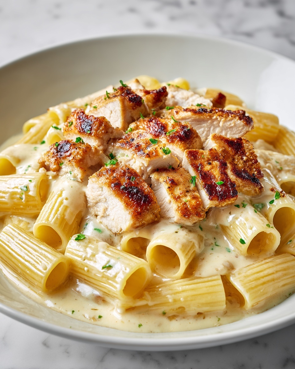 Creamy Garlic Butter Chicken and Rigatoni in Parmesan Sauce Recipe - Recipe Image