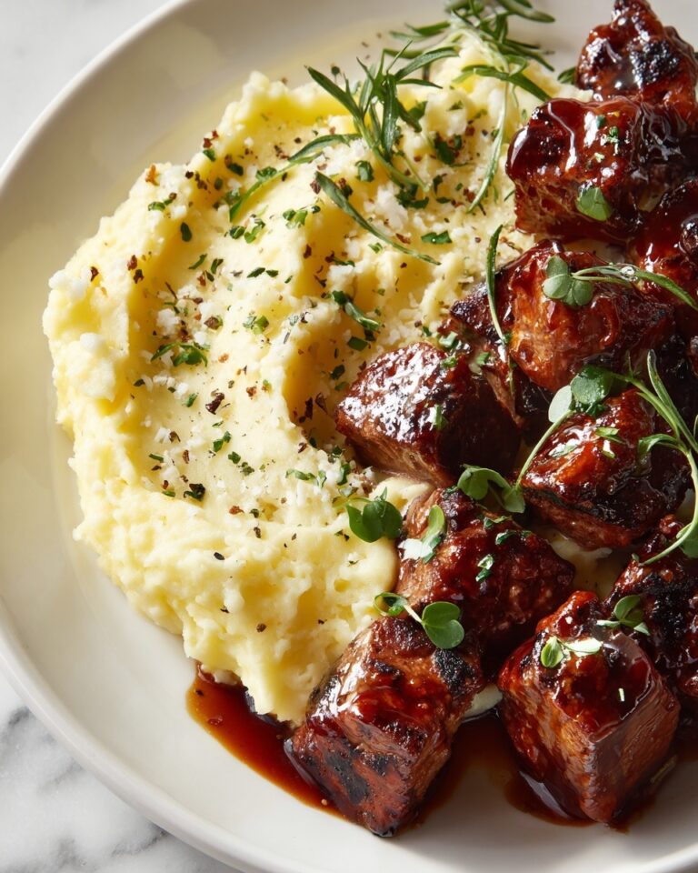 Garlic Butter Beef Bites with Creamy Mashed Potatoes Recipe