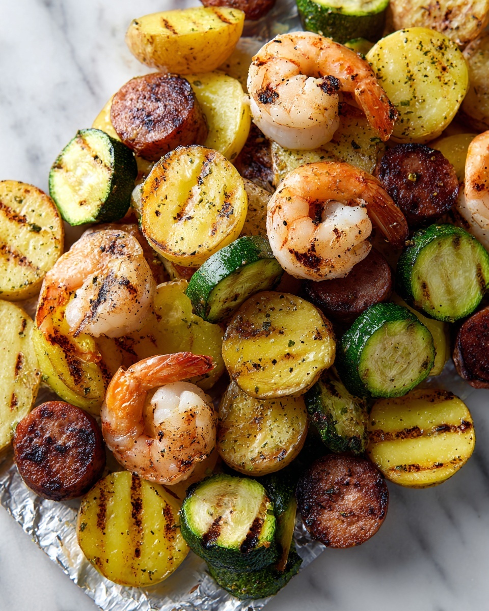 Shrimp, Zucchini, Potatoes, and Spicy Italian Sausage Foil Pack Recipe - Recipe Image