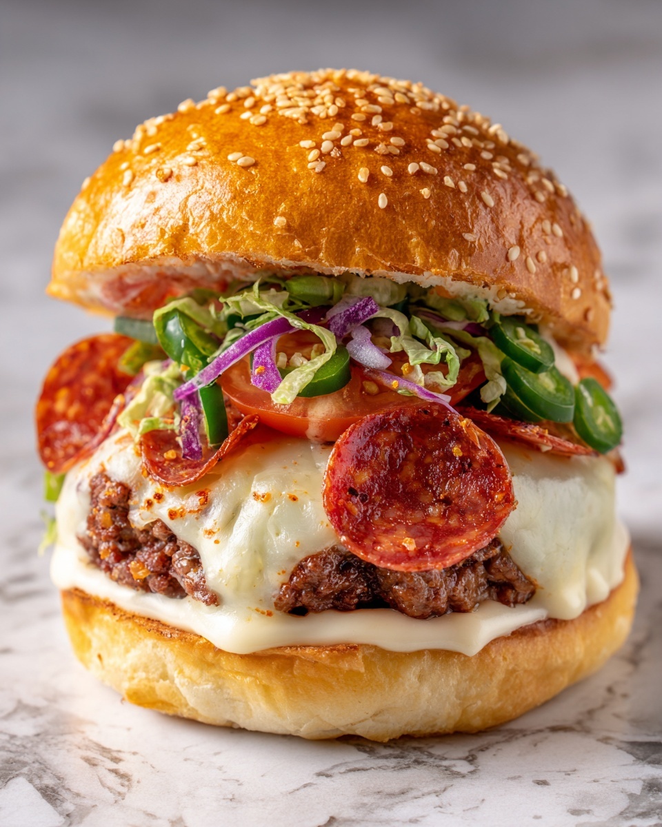 Pepperoni Burger with Provolone, Brioche, and Garlic Mayo Recipe - Recipe Image