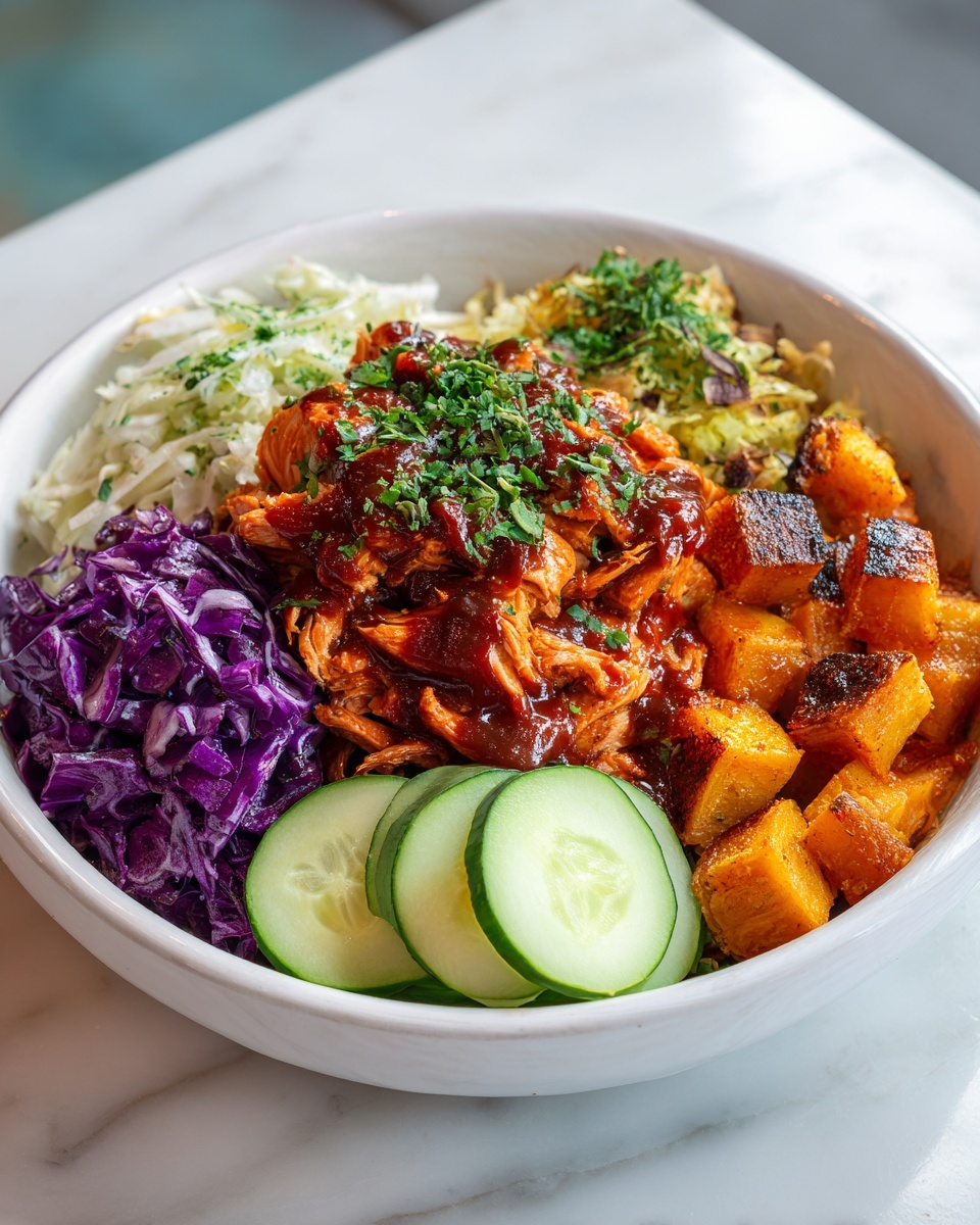 BBQ Chicken Bowls with Roasted Sweet Potatoes, Coleslaw, and Pickles Recipe - Recipe Image