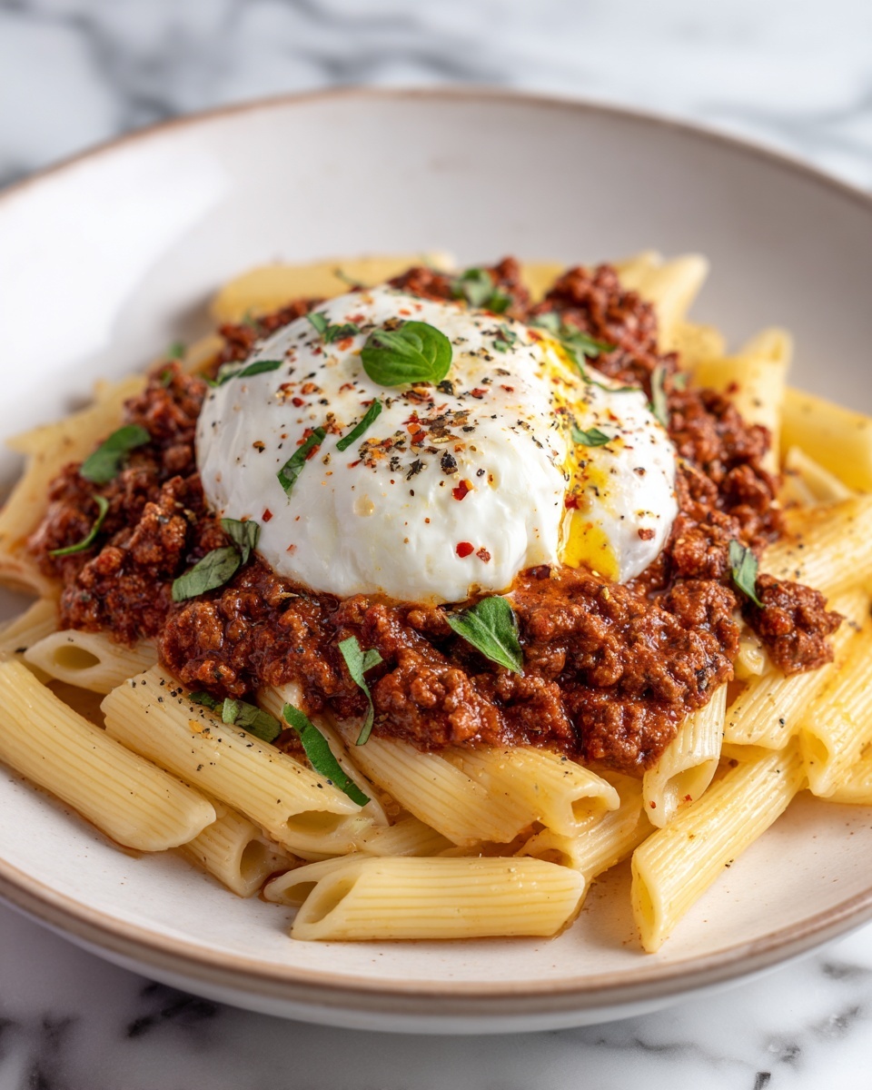 Cheesy Penne with Garlic Butter Ground Beef Recipe - Recipe Image