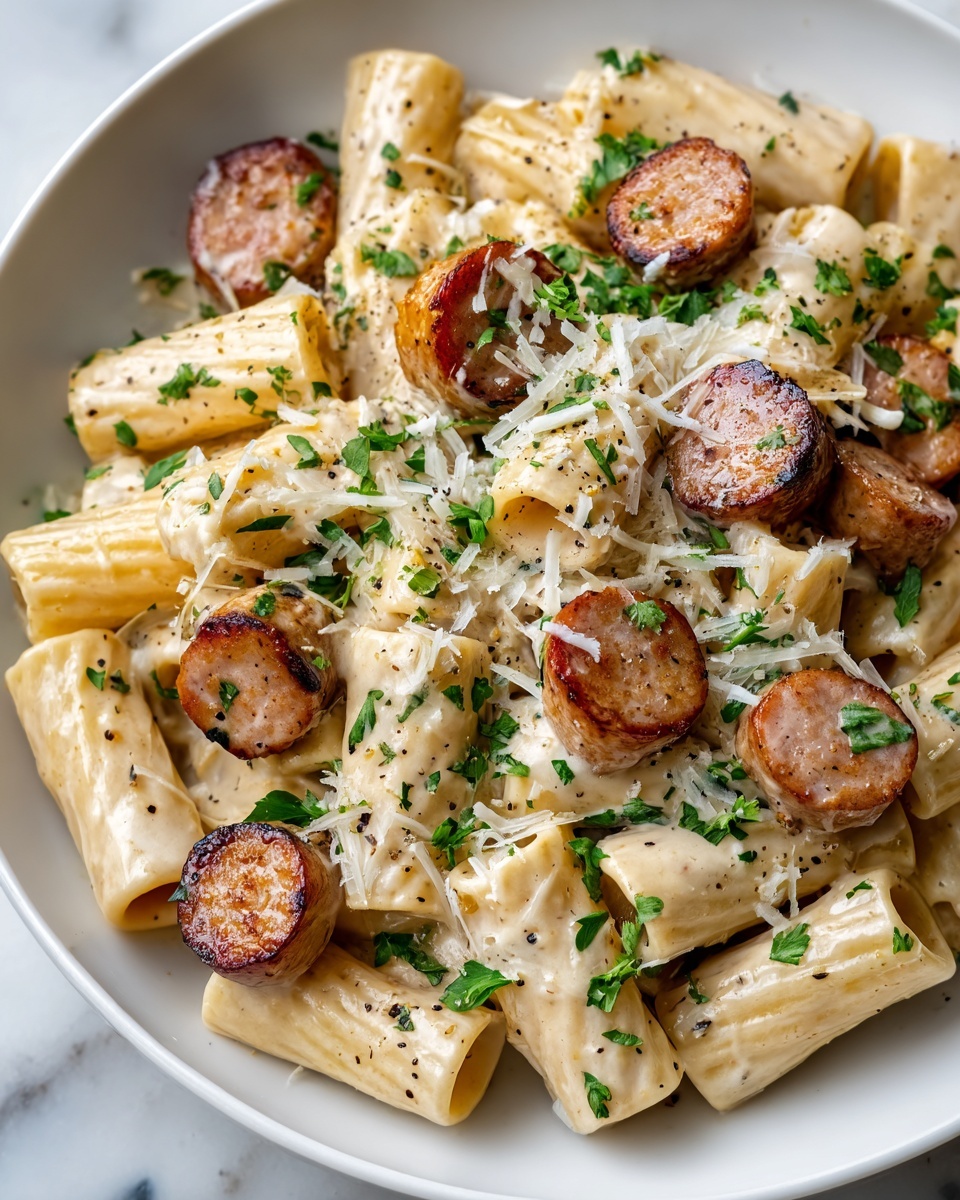 Garlic Sausage Alfredo Rigatoni Recipe - Recipe Image
