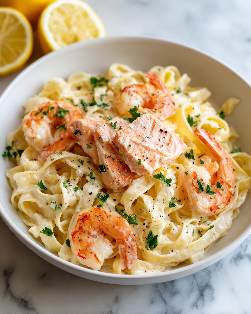 Salmon and Shrimp Alfredo Recipe - Recipe Image