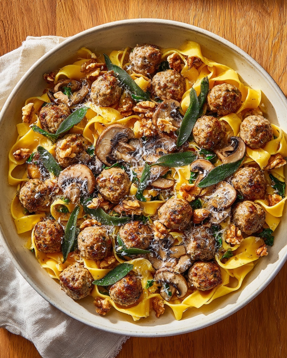 Winter Pasta with Mushrooms, Sausage Meatballs, Walnuts & Crispy Sage Recipe - Recipe Image