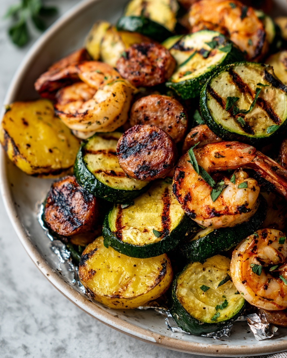 Shrimp, Zucchini, Potatoes, and Spicy Italian Sausage Foil Pack Recipe - Recipe Image