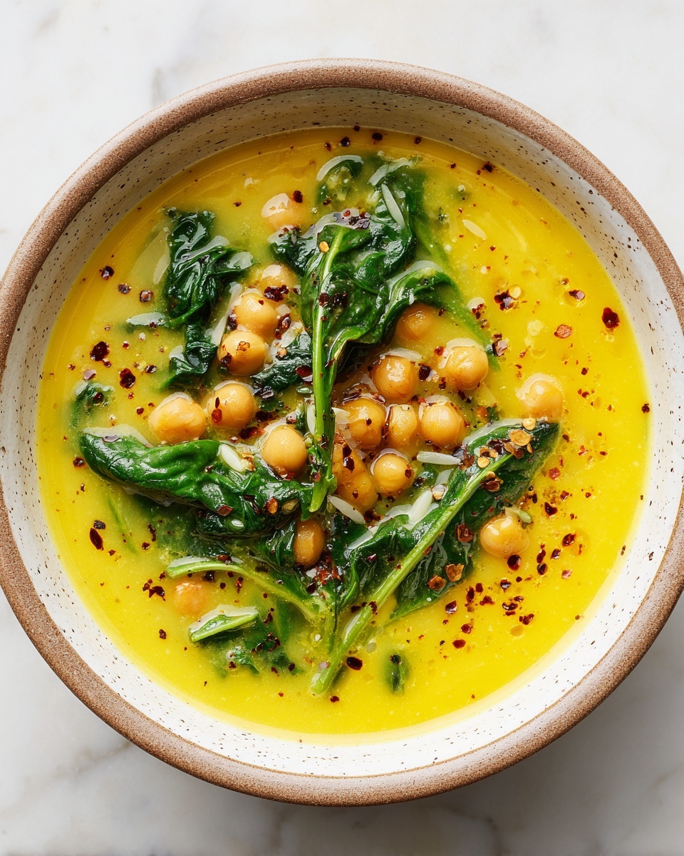 Turmeric Soup with Chickpeas, Orzo, and Spinach Recipe - Recipe Image