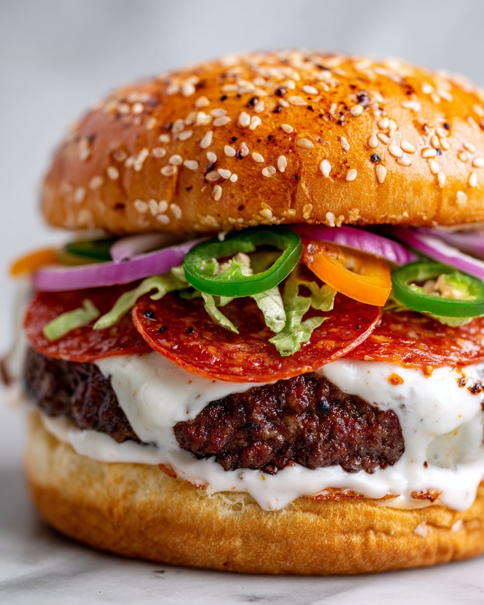 Pepperoni Burger with Provolone, Brioche, and Garlic Mayo Recipe - Recipe Image