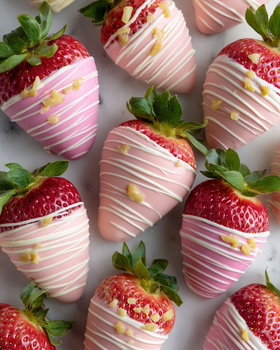 Pink Chocolate Strawberries with White Chocolate Drizzle Recipe - Recipe Image