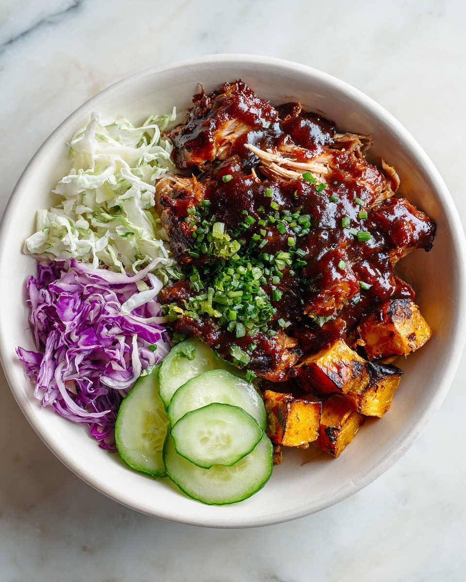 BBQ Chicken Bowls with Roasted Sweet Potatoes, Coleslaw, and Pickles Recipe - Recipe Image