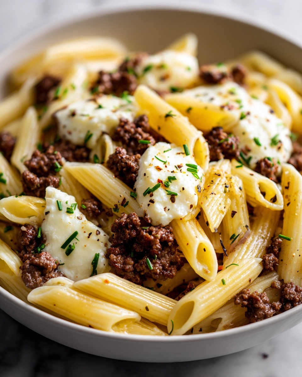 Cheesy Penne with Garlic Butter Ground Beef Recipe - Recipe Image