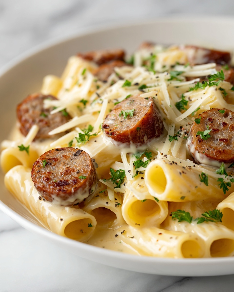 Garlic Sausage Alfredo Rigatoni Recipe - Recipe Image