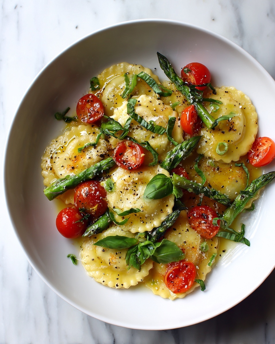 Ravioli with Tomatoes, Asparagus, Garlic, and Herbs Recipe - Recipe Image