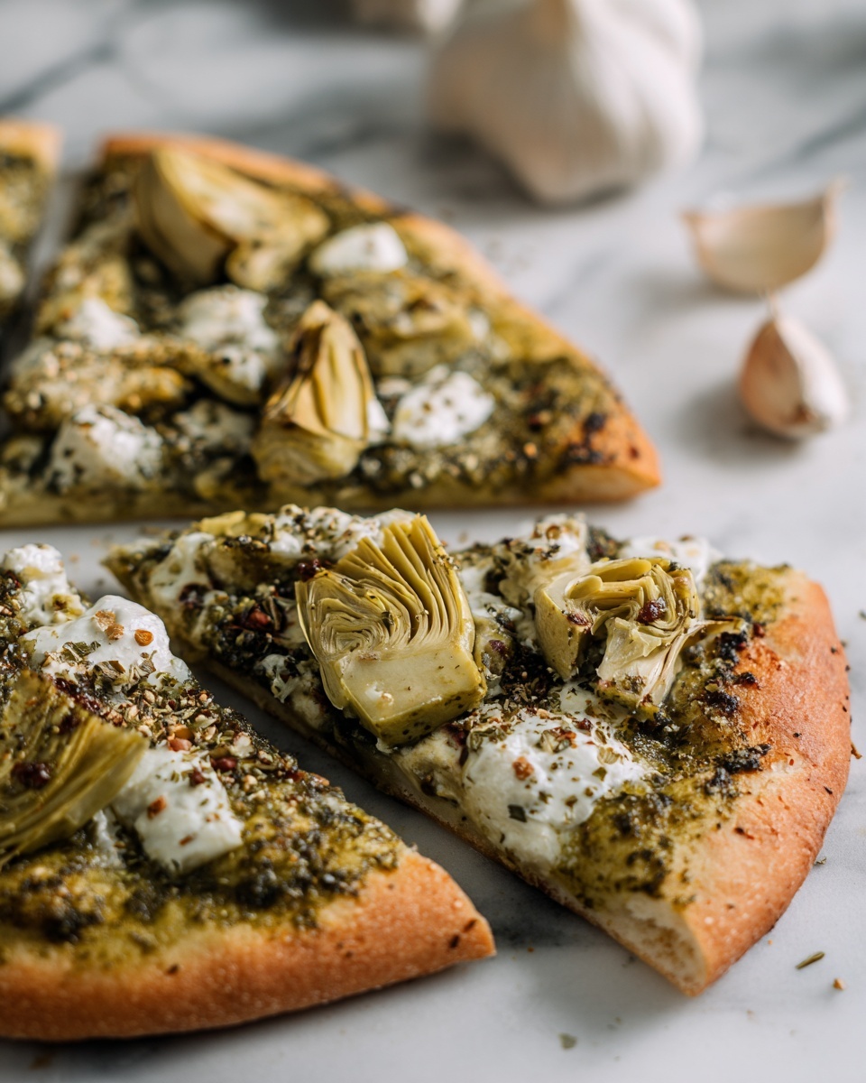 Green Pizza with Pesto, Feta & Artichokes Recipe - Recipe Image
