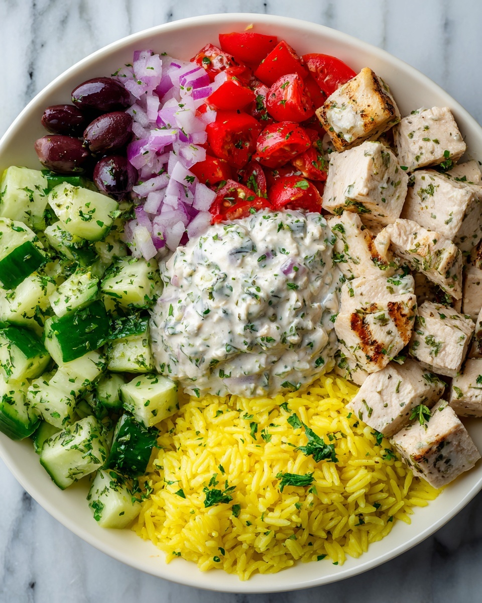 Pot Chicken Souvlaki Rice with Greek Salad and Tzatziki Recipe - Recipe Image