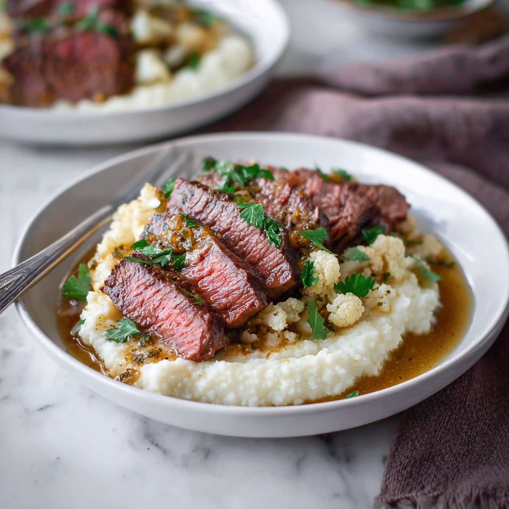 Brown Butter Steak with Roasted Garlic Whipped Cauliflower Recipe - Recipe Image