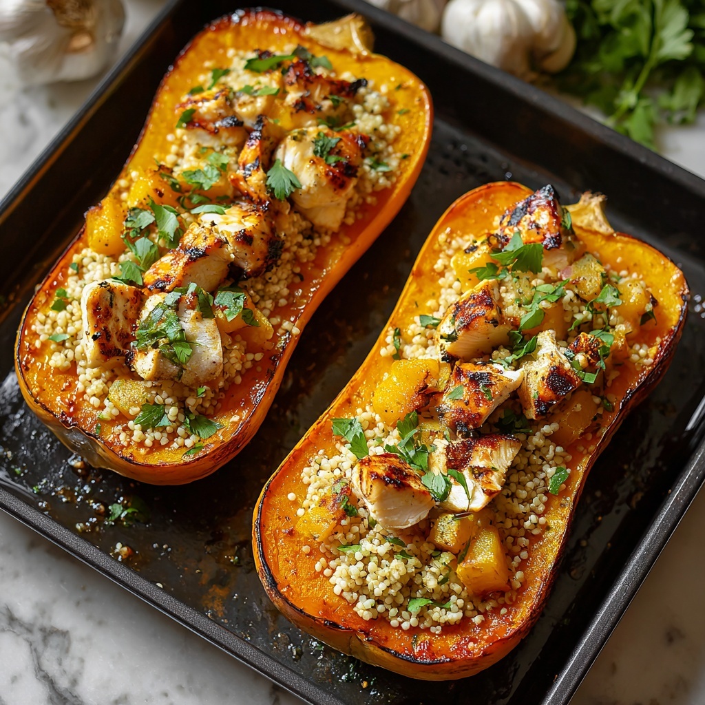 Sweet and Savory Honey Roasted Butternut Squash Stuffed with Chicken Recipe - Recipe Image