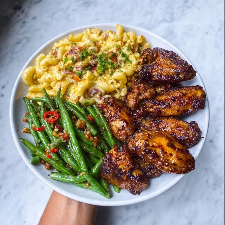 Jerk Wings with Creamy Rotel Pasta and Garlicky Green Beans Recipe