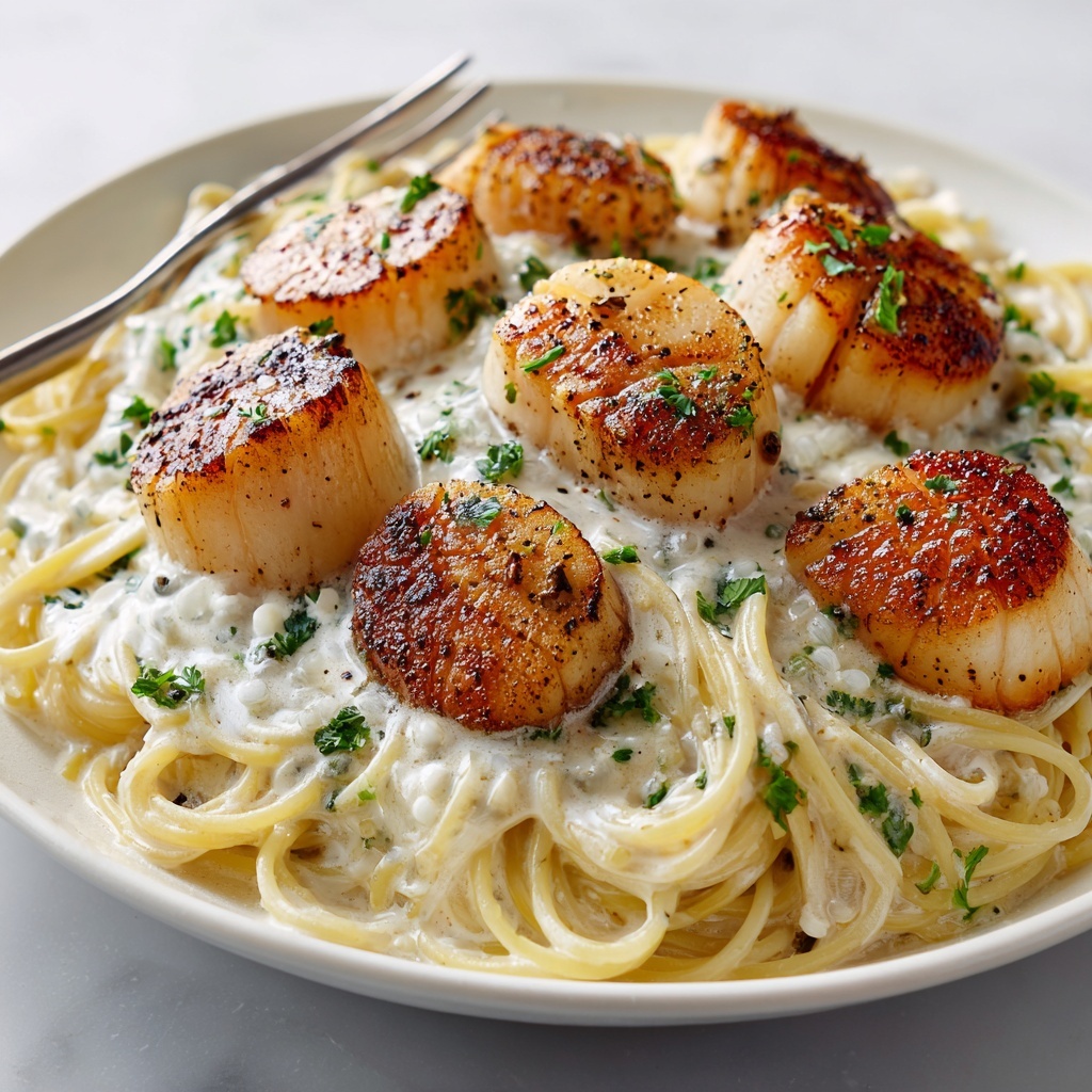 Creamy Tuscan Spaghetti with Jumbo Scallops Recipe - Recipe Image