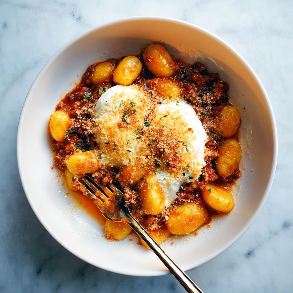 Millionaire Gnocchi with Red Sauce, Herbed Ricotta, and Golden Crispies Recipe - Recipe Image