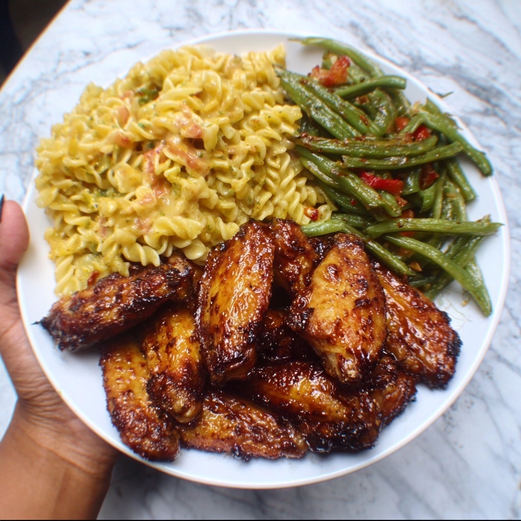 Jerk Wings with Creamy Rotel Pasta and Garlicky Green Beans Recipe - Recipe Image