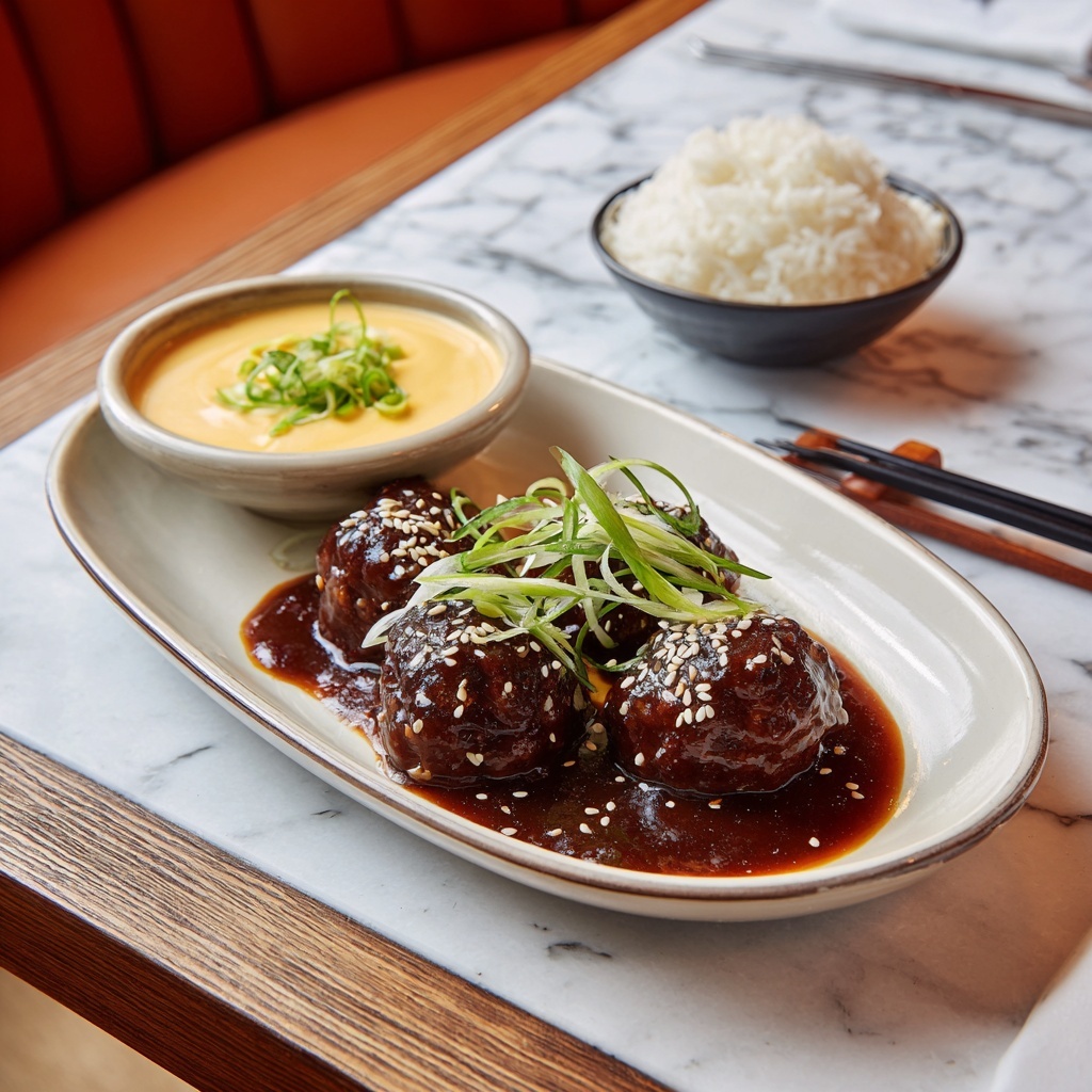 Korean BBQ Meatballs with Spicy Mayo Dip Recipe - Recipe Image