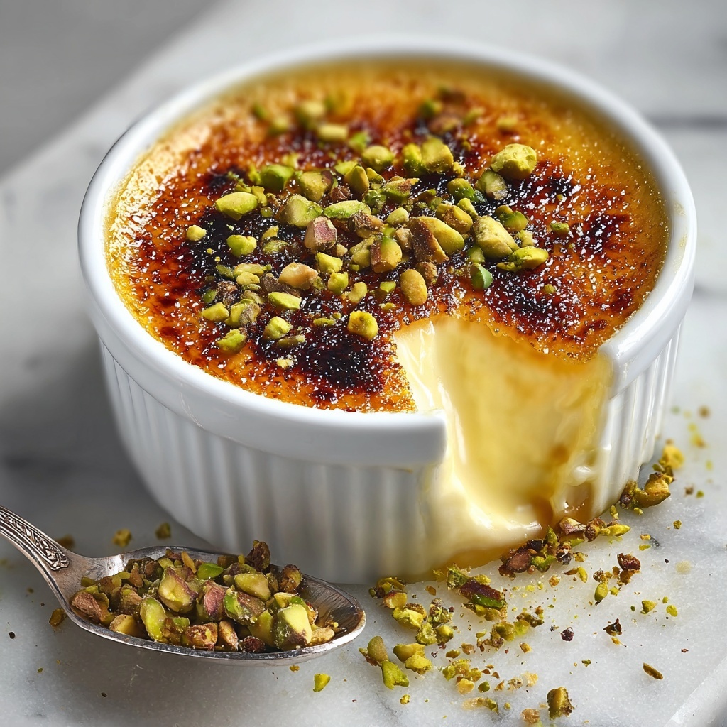 White Chocolate Lavender Brûlée with Pistachio Crunch Recipe - Recipe Image