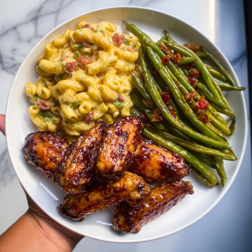 Jerk Wings with Creamy Rotel Pasta and Garlicky Green Beans Recipe - Recipe Image