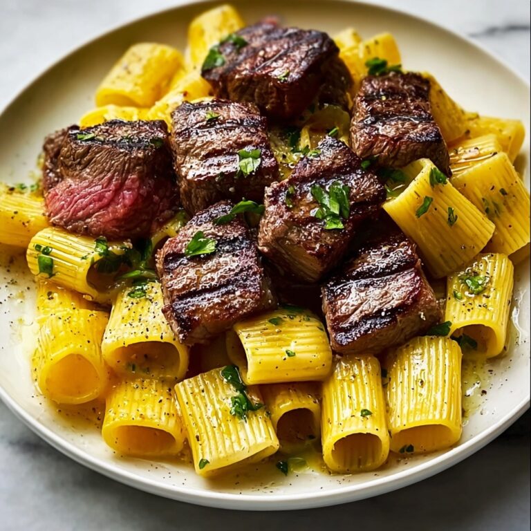Garlic Butter Steak Tips with Cheesy Rigatoni Recipe