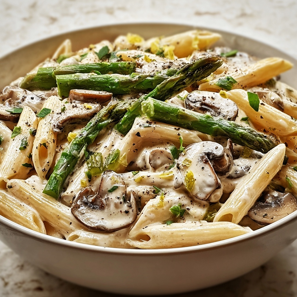 Creamy Mushroom and Asparagus Chicken Penne Recipe - Recipe Image